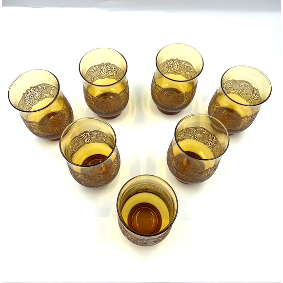 Vintage Amber Libbey Americana Lace Embossed Glass Etched Tumblers 7 Pieces MCM - Picture 2 of 10